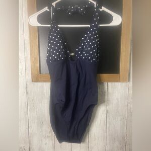 Anne Cole Collections One Piece Halter Tie Swimsuit Size 8 Navy & White